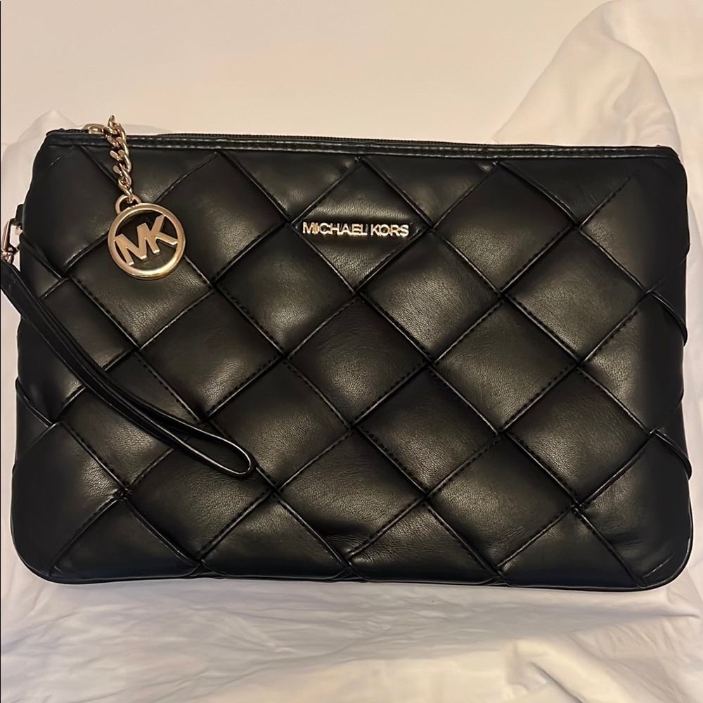 Michael Kors Black Quilted Clutch with Gold-Tone Hardware